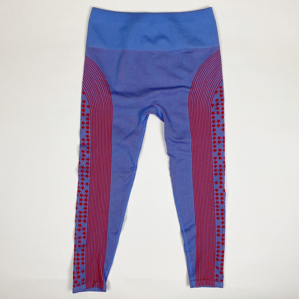 Fabletics Blue and Purple Leggings with Red Star Side Panels